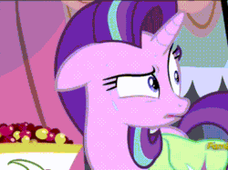 Size: 540x404 | Tagged: safe, screencap, starlight glimmer, pony, rock solid friendship, animated, cropped, discovery family logo, faic, floppy ears, gif, lip bite, looking around, saddle bag, solo, sweat