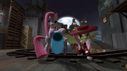 Size: 1366x768 | Tagged: safe, artist:juu50x, fluttershy, pinkie pie, earth pony, pegasus, pony, 3d, alucard, alushy, bitches love cannons, clothes, costume, crossover, female, flutterbat, flutterpie, gmod, hellsing, lesbian, map, nightmare night, party cannon, pinkamena diane pie, shipping, straight hair, team fortress 2