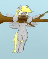 Size: 1791x2191 | Tagged: safe, artist:pzkratzer, derpy hooves, pegasus, pony, belly button, bird nest, egg, flying, hang in there, hanging, nest, tree, tree branch