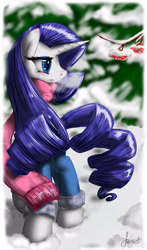 Size: 2000x3400 | Tagged: safe, artist:fairysearch, rarity, pony, unicorn, blushing, breath, clothes, forest, scarf, snow, solo, winter