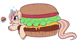 Size: 850x459 | Tagged: safe, artist:lulubell, derpibooru import, oc, oc:lulubell, burger, cannibalism, food, horse meat, magic, magic aura, meat, solo