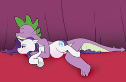 Size: 2550x1650 | Tagged: safe, artist:bico-kun, rarity, spike, dragon, pony, unicorn, bed, cuddling, eyes closed, female, floppy ears, hug, male, pregnant, prone, shipping, smiling, snuggling, sparity, straight, underhoof