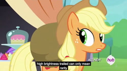 Size: 1280x719 | Tagged: safe, screencap, applejack, earth pony, pony, trade ya, cake, cupcake, hub logo, logic, logical deduction, meme, outdoors, solo, youtube caption