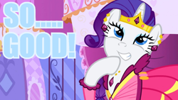 Size: 640x360 | Tagged: safe, screencap, rarity, pony, unicorn, suited for success, blue text, image macro, meme, solo