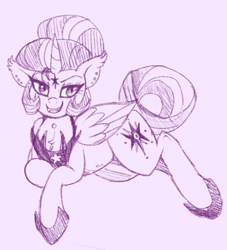 Size: 577x635 | Tagged: safe, artist:lulubell, derpibooru import, twilight sparkle, twilight sparkle (alicorn), alicorn, pony, bad end, evil, evil grin, evil twilight, female, grin, mare, monochrome, sketch, smiling, solo