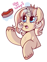 Size: 491x650 | Tagged: safe, artist:lulubell, derpibooru import, oc, oc:lulubell, unicorn, female, food, hot dog, hotdog bun, ketchup, levitation, looking at something, magic, mane, mare, meat, mouth, open mouth, question, question mark, sauce, sausage, solo, talking, telekinesis, text