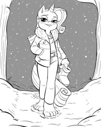 Size: 960x1212 | Tagged: safe, artist:kuroi-wolf, rarity, anthro, plantigrade anthro, barefoot, blushing, feet, footprint, monochrome, smiling, smug, snow, snowfall, solo, toes, winter, winter outfit