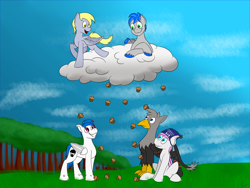Size: 4000x3000 | Tagged: safe, artist:recordmelodie, derpy hooves, oc, oc:black lights, oc:kami, oc:record melodie, bat pony, griffon, pegasus, pony, cloud, food, hat, muffin, muffin rain, sitting, smiling, standing