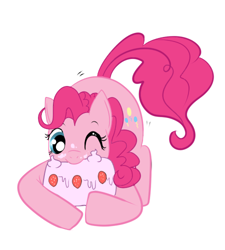 Size: 450x500 | Tagged: safe, artist:lulubell, derpibooru import, pinkie pie, earth pony, pony, cake, cute, diapinkes, eating, face down ass up, food, messy eating, one eye closed, simple background, solo, white background