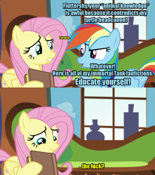 Size: 640x720 | Tagged: safe, derpibooru import, fluttershy, rainbow dash, pegasus, pony, tanks for the memories, blue text, book, image macro, meme, vulgar