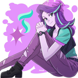 Size: 1024x1024 | Tagged: safe, artist:rustyartist, derpibooru exclusive, edit, starlight glimmer, equestria girls, mirror magic, spoiler:eqg specials, cute, cutie mark background, female, glimmerbetes, looking at you, sitting, smiling, solo