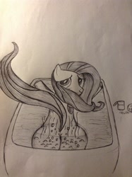 Size: 1936x2592 | Tagged: safe, artist:elbow456, fluttershy, pegasus, pony, bath, bathtub, bubble, fart, female, monochrome, plot, solo, traditional art