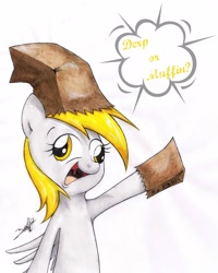 Size: 2000x2500 | Tagged: safe, artist:kzksm, derpy hooves, paper bag, solo, traditional art