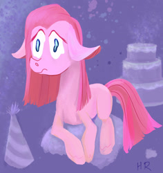 Size: 2216x2344 | Tagged: safe, artist:hereticalrants, pinkie pie, earth pony, pony, floppy ears, hat, party hat, pinkamena diane pie, prone, sad, solo, style emulation