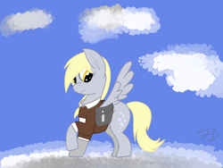 Size: 4000x3000 | Tagged: safe, artist:flamelight-dash, derpy hooves, pony, background pony, cloud, cloudy, cute, female, food, mailmare, muffin, sky, solo, speedpaint available