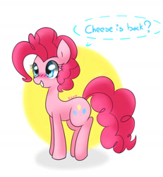 Size: 1573x1705 | Tagged: safe, artist:kero-paw, pinkie pie, earth pony, pony, blushing, implied cheesepie, solo