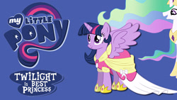 Size: 1920x1080 | Tagged: safe, artist:barrfind, artist:mamandil, edit, princess celestia, twilight sparkle, twilight sparkle (alicorn), alicorn, pony, best princess, clothes, dress, emblem, female, logo, mare, shoes, vector, wallpaper, wallpaper edit