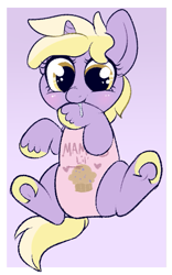 Size: 405x650 | Tagged: safe, artist:lulubell, derpibooru import, dinky hooves, pony, unicorn, baby, baby pony, blushing, cute, dinkabetes, drool, female, filly, foal, onesie, solo, teething, underhoof, weapons-grade cute, younger