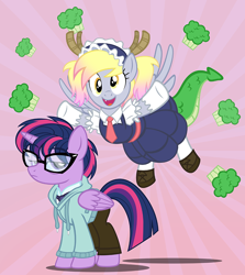 Size: 900x1007 | Tagged: safe, artist:pixelkitties, derpy hooves, twilight sparkle, twilight sparkle (alicorn), alicorn, pegasus, pony, alternate hairstyle, anime, clothes, cosplay, costume, female, glasses, kobayashi, mare, miss kobayashi's dragon maid, smiling, tohru