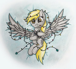 Size: 1000x913 | Tagged: safe, artist:vaser888, derpy hooves, pegasus, pony, christmas, christmas lights, female, holiday, mare, solo, spread wings, tongue out, traditional art, wings