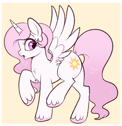 Size: 600x621 | Tagged: safe, artist:lulubell, derpibooru import, princess celestia, alicorn, pony, cewestia, female, filly, looking back, open mouth, pink-mane celestia, raised hoof, raised leg, solo, spread wings, unshorn fetlocks, wings, younger