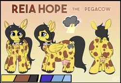 Size: 1234x850 | Tagged: safe, artist:lulubell, derpibooru import, oc, oc only, oc:reia hope, cow pony, hybrid, bell, bell collar, collar, cowbell, dock, pegacow, reference sheet, udder