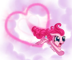 Size: 700x592 | Tagged: safe, artist:shinepawpony, pinkie pie, pegasus, pony, flying, heart, hilarious in hindsight, pegasus pinkie pie, race swap, sonic xboom