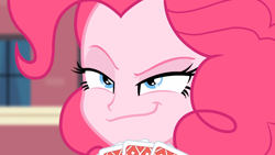 Size: 1366x768 | Tagged: safe, screencap, pinkie pie, equestria girls, rainbow rocks, card, eyebrows, faic, smirk, solo