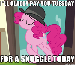 Size: 470x405 | Tagged: safe, edit, edited screencap, screencap, pinkie pie, earth pony, pony, mmmystery on the friendship express, hat, image macro, imma snuggle you, meme, popeye, snuggling, wimpy