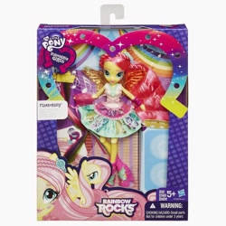 Size: 1500x1500 | Tagged: safe, fluttershy, equestria girls, rainbow rocks, box, doll, hair extensions, ponied up, toy