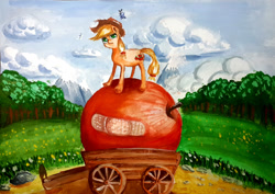 Size: 1540x1093 | Tagged: safe, artist:x-raydistorted, applejack, earth pony, pony, apple, bandaid, food, painting, size difference, solo, traditional art, wagon