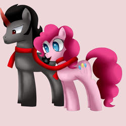 Size: 1100x1100 | Tagged: safe, artist:king-sombrero, king sombra, pinkie pie, earth pony, pony, unicorn, clothes, female, male, mare, scarf, shipping, sombrapie, stallion, straight