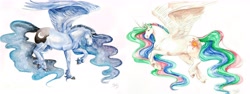 Size: 6767x2548 | Tagged: safe, artist:miidniightsuun, princess celestia, princess luna, alicorn, horse, pony, curved horn, duo, female, horn, mare, realistic, simple background, spread wings, traditional art, unshorn fetlocks, wings