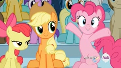 Size: 1453x811 | Tagged: safe, screencap, amethyst star, apple bloom, applejack, crescent pony, lightning bolt, mane moon, pinkie pie, sassaflash, sparkler, star hunter, sunshower raindrops, white lightning, earth pony, pegasus, pony, equestria games (episode), animation error, equestria games, female, hub logo, mare, wingless