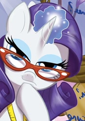 Size: 432x616 | Tagged: safe, artist:amy mebberson, idw, rarity, pony, unicorn, spoiler:comic, spoiler:comicff24, bedroom eyes, comic, cropped, faic, glasses, looking at you, rare pepe, smiling