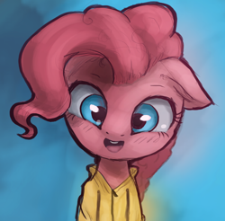 Size: 830x817 | Tagged: safe, artist:rain-gear, pinkie pie, earth pony, pony, bust, clothes, cute, diapinkes, floppy ears, looking at you, open mouth, portrait, raincoat, sketch, smiling, solo