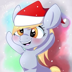 Size: 900x900 | Tagged: safe, artist:donutnerd, derpy hooves, pegasus, pony, christmas, happy, hat, holiday, santa hat, smiling, snow, solo