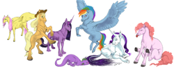 Size: 2000x800 | Tagged: safe, artist:celdragon, derpibooru import, applejack, fluttershy, pinkie pie, rainbow dash, rarity, spike, twilight sparkle, classical unicorn, dragon, earth pony, pegasus, pony, unicorn, leonine tail, mane seven, mane six, realistic