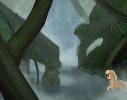 Size: 1280x1011 | Tagged: safe, artist:deltalinwie, applejack, earth pony, pony, fog, hatless, missing accessory, ruins, scenery, solo, water