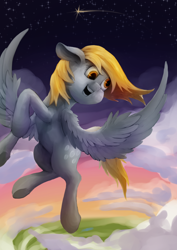 Size: 1024x1448 | Tagged: safe, artist:xormak, derpy hooves, pegasus, pony, cloud, female, flying, mare, smiling, solo