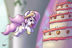 Size: 1000x667 | Tagged: safe, artist:tadashi--kun, princess celestia, alicorn, pony, belly button, cake, cakelestia, cewestia, cute, cutelestia, eyes on the prize, female, filly, jumping, open mouth, pink-mane celestia, smiling, solo, start of darkness, tongue out