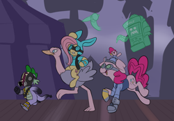 Size: 1024x715 | Tagged: safe, artist:metal-kitty, fluttershy, pinkie pie, spike, dragon, earth pony, ostrich, pegasus, pony, bunny ears, carnival of carnage, crossover, dispenser, engie pie, engineer, hat, pyro, scream fortress, sniper, snipershy, spike pyro, team fortress 2