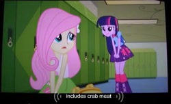 Size: 503x306 | Tagged: safe, derpibooru import, screencap, fluttershy, twilight sparkle, equestria girls, meme, youtube caption