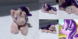 Size: 3176x1588 | Tagged: safe, artist:plushbyanto, screencap, starlight glimmer, unicorn, all bottled up, beanie (plushie), chibi, female, front view, horn, irl, lying down, mare, minky, no mouth, no nostrils, no pupils, photo, plushie, profile, prone, reformed starlight, smiling, sploot, toy