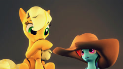 Size: 1920x1080 | Tagged: safe, artist:flushthebatsanta, derpibooru import, applejack, rainbow dash, earth pony, pegasus, pony, 3d, cowboy hat, duo, female, hat, looking up, mare, open mouth, raised hoof, smiling, source filmmaker