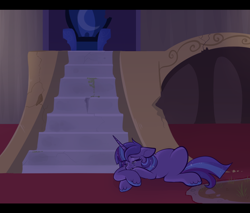 Size: 1000x850 | Tagged: safe, artist:lulubell, derpibooru import, oc, oc only, oc:moonlight eve, castle of the royal pony sisters, crying, magical lesbian spawn, offspring, parent:princess luna, parent:twilight sparkle, parents:twiluna, solo, story in the source, throne room