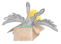 Size: 1572x1128 | Tagged: safe, artist:pony-from-everfree, derpy hooves, ditzy doo, pegasus, pony, advent calendar, box, bubble, cutie mark, pony in a box, solo, traditional art, wings