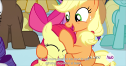 Size: 1535x811 | Tagged: safe, screencap, apple bloom, applejack, rarity, earth pony, pony, unicorn, equestria games (episode), drinking, equestria games, eyes closed, hub logo, hug, meme, open mouth, petting, quitting, smiling, youtube caption