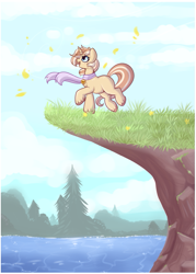 Size: 695x968 | Tagged: safe, artist:lulubell, derpibooru import, oc, oc:lulubell, cliff, lake, petals, solo, windswept mane