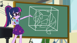 Size: 960x540 | Tagged: safe, edit, edited screencap, screencap, sci-twi, sunset shimmer, twilight sparkle, pony, equestria girls, equestria girls series, overpowered (equestria girls), chalkboard, exploitable meme, geode of telekinesis, meme, sci-twi's chalkboard, simpsons did it, the simpsons, twilight sparkle's chalkboard
